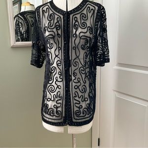 BLACK EMBROIDERED/LACE CARDIGAN, VINTAGE, SIZE:L